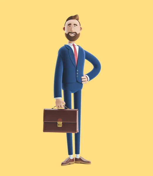 Portrait of a handsome cartoon character Billy stand with case. 3d illustration on yellow background