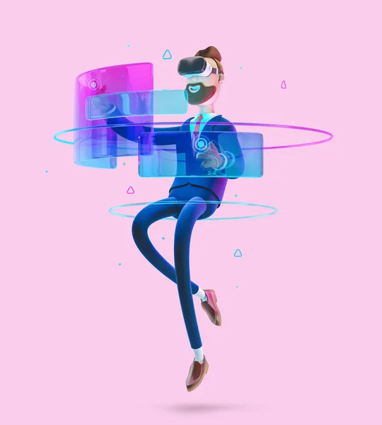 Businessman Billy using virtual reality glasses and touching vr interface. 3d illustration on pink background