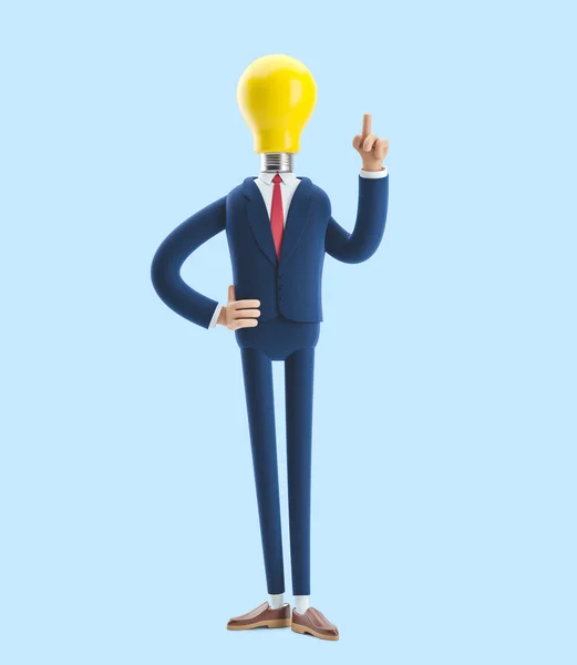 Businessman Billy with light bulb instead of head. Innovation and inspiration concept. 3d illustration on blue background