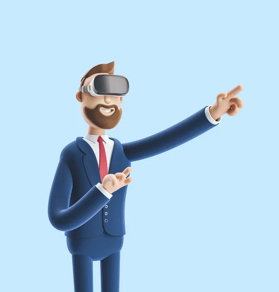 Hombre de negocios Billy usando gafas de realidad virtual y tocando la interfaz vr. Ilustración 3d sobre fondo azul —  Fotos de Stock