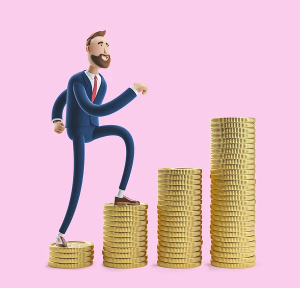 Retrato de um belo personagem de desenho animado Billy com uma pilha de dinheiro. ilustração 3d no fundo rosa — Fotografia de Stock