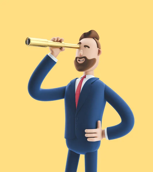 Geschäftsmann Billy schaut in Zukunft mit Spion. 3D Illustration auf gelbem Hintergrund — Stockfoto
