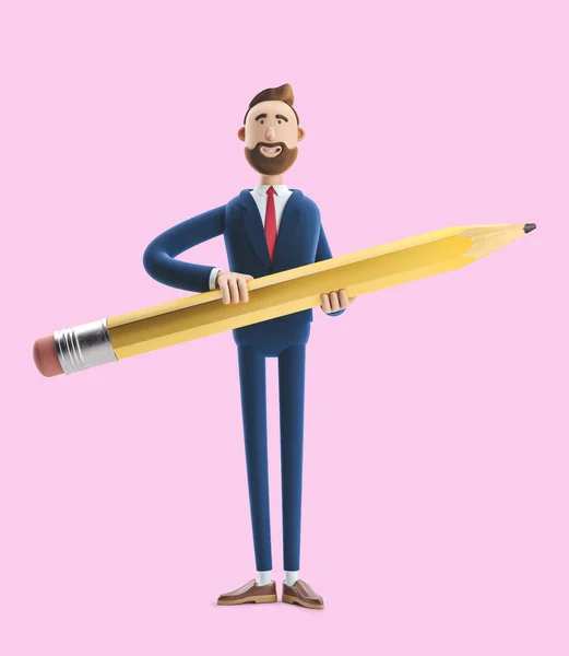 Postać z kreskówek Billy z wielkim ołówkiem. ilustracja 3D na różowym tle — Zdjęcie stockowe