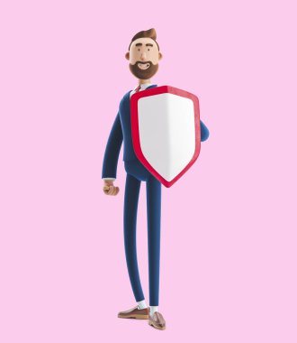 Kalkan ile çizgi film karakteri Billy. Pembe arka plan üzerinde 3d illüstrasyon. İş hayatında güvenlik ve koruma