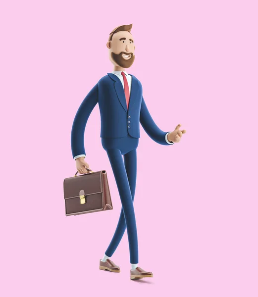 Tecknad karaktär Billy med ett fall Walking. 3D-illustration på rosa bakgrund — Stockfoto