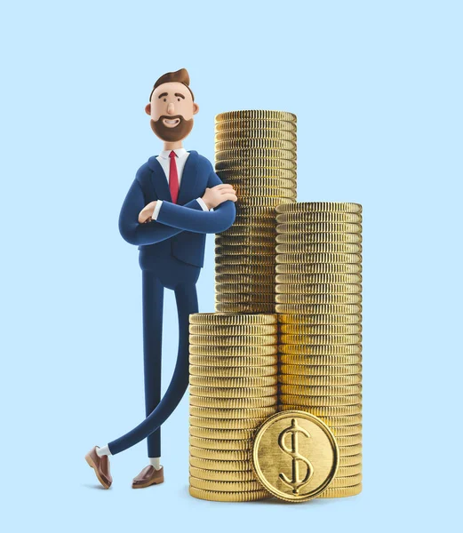 Portret przystojnego bohatera kreskówki Billy ze stosu pieniędzy. ilustracja 3D na niebieskim tle — Zdjęcie stockowe