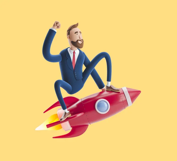 Businessman Billy flying on a rocket up. 3d illustration on yellow background. Concept of  business startup, launching of a new company.