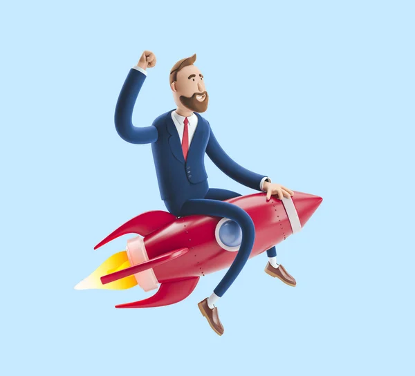 O empresário Billy a voar num foguetão. Ilustração 3d em fundo azul. Conceito de startup de negócios, lançamento de uma nova empresa . — Fotografia de Stock