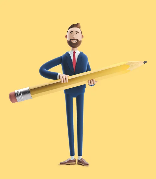 Rajzfilmfigura Billy egy nagy ceruzával. 3D illusztráció sárga háttérrel — Stock Fotó