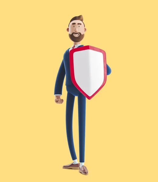 Cartoon character Billy with shield. 3d illustration on yellow background. Safety and protection in business