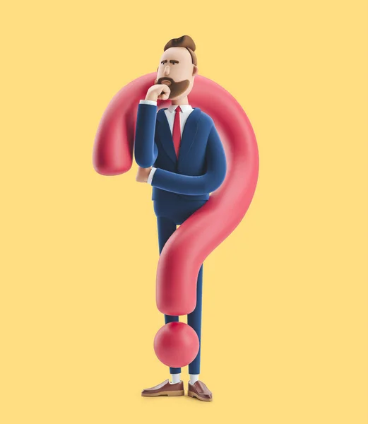 Cartoon character Billy looking for a solution. 3d illustration on yellow background