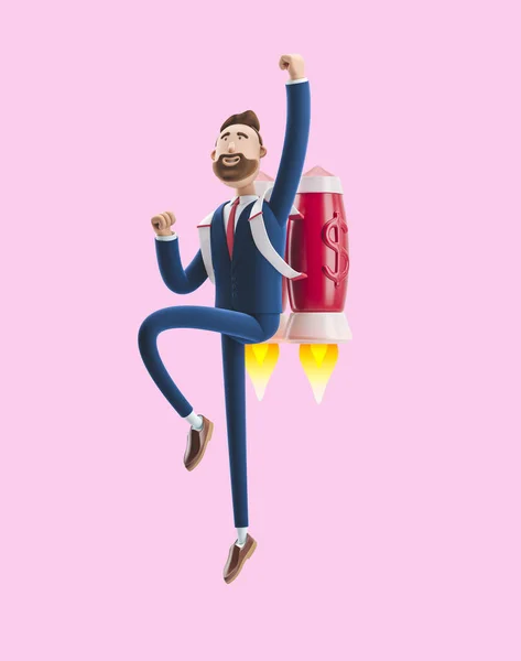 商人比利乘坐火箭喷气背包。粉红色背景上的 3d 插图。创业理念，新公司启动. — 图库照片