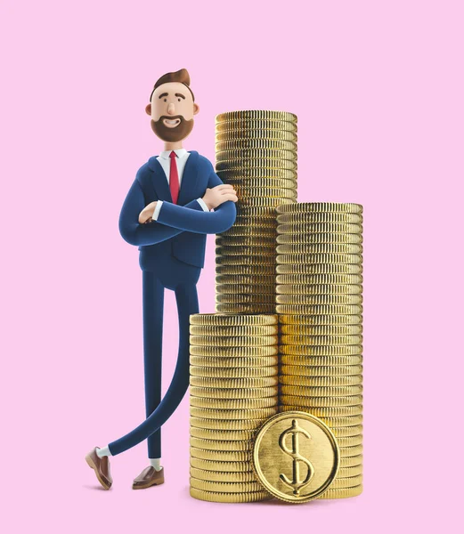 Porträt einer hübschen Zeichentrickfigur namens Billy mit einem Stapel Geld. 3D Illustration auf rosa Hintergrund — Stockfoto