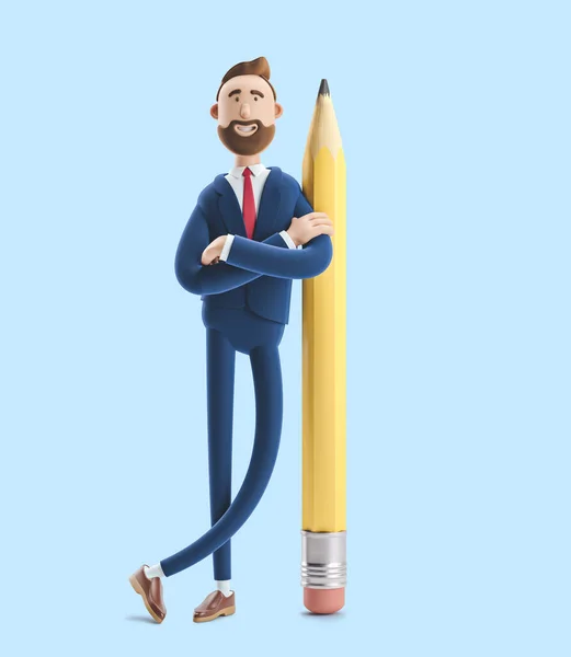 Büyük bir kalem ile çizgi film karakteri Billy. Mavi arka plan üzerinde 3d illüstrasyon — Stok fotoğraf