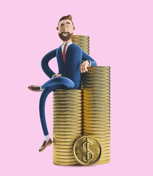 Retrato de um belo personagem de desenho animado Billy com uma pilha de dinheiro. ilustração 3d no fundo rosa — Fotografia de Stock