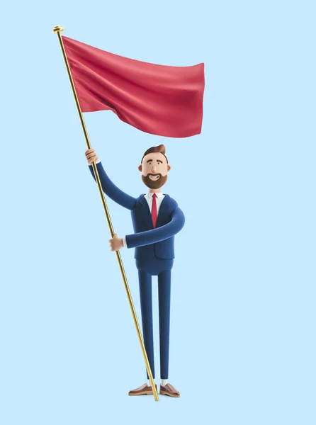 Portrait of a handsome cartoon character Billy with flag. 3d illustration on blue background