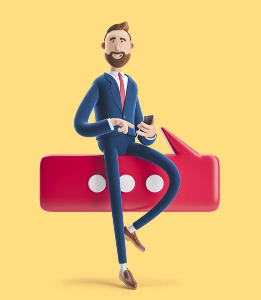 Ilustración 3d. Retrato de un hombre de negocios guapo con conversación telefónica y de burbujas. Concepto de conversación sobre fondo amarillo . —  Fotos de Stock
