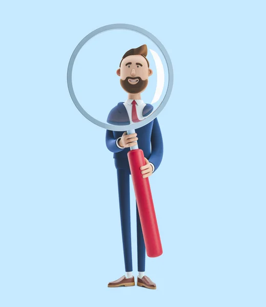 3d illustration. Portrait of a handsome businessman with magnifier on blue background.