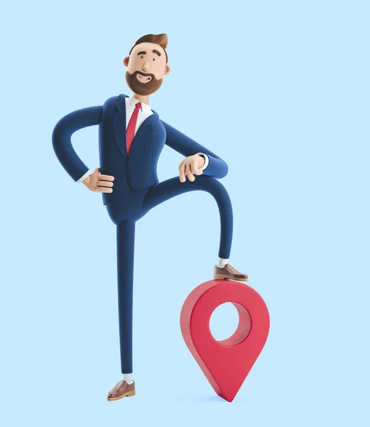 Ilustração 3d. Retrato de um belo homem de negócios e pino de mapa em fundo azul. Conceito GPS . — Fotografia de Stock