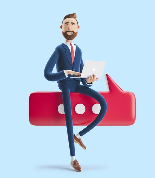 Ilustración 3d. Retrato de un hombre de negocios guapo con portátil y charla de burbujas. Concepto de conversación sobre fondo azul . — Foto de Stock