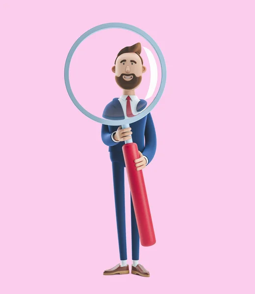 3D-illustration. Porträtt av en stilig affärsman med förstoringsglas på rosa bakgrund. — Stockfoto