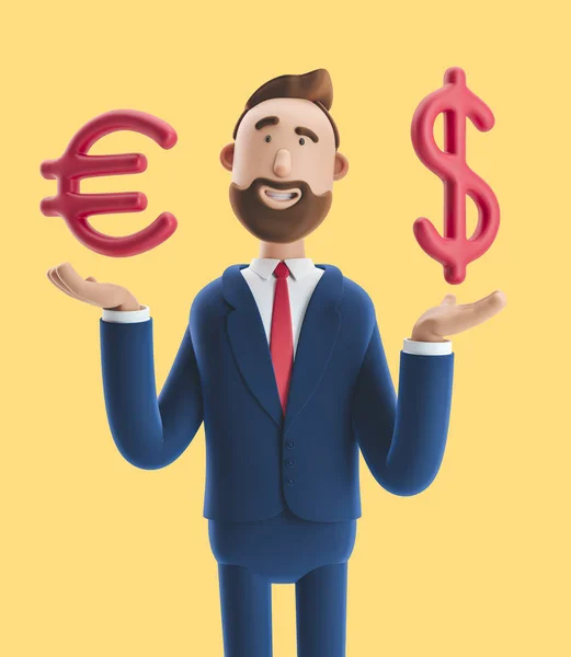 Businessman Billy with big euro and dollar sign on yellow background. 3d illustration