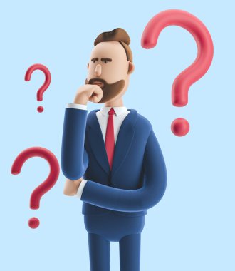 Çizgi film karakteri Billy bir çözüm arıyor. Mavi arka plan üzerinde 3d illüstrasyon