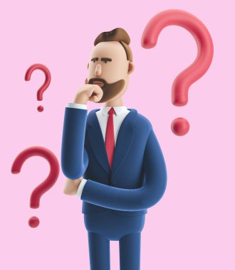 Çizgi film karakteri Billy bir çözüm arıyor. Pembe arka plan üzerinde 3d illüstrasyon