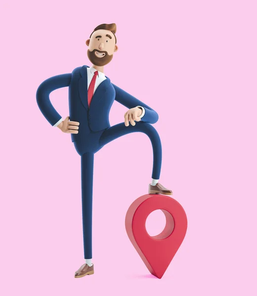 Illustration 3D. Portrait d'un bel homme d'affaires et épinglette de carte sur fond rose. Concept GPS . — Photo