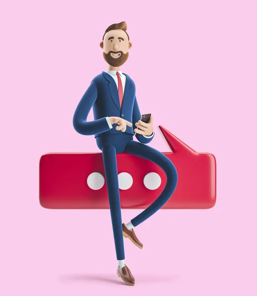 3D illusztráció. Portré egy jóképű üzletember telefonnal és buborék beszélni. Társalgás fogalma rózsaszín háttér. — Stock Fotó