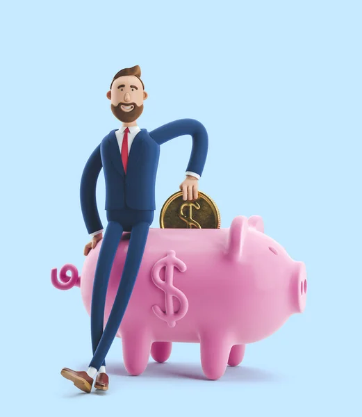 3d 插图。一个英俊的商人的肖像，在蓝色背景上用小猪银行。安全资金存储概念. — 图库照片