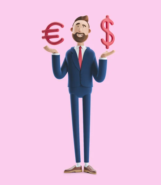 Homme d'affaires Billy avec grand euro et signe dollar sur fond rose. Illustration 3d — Photo