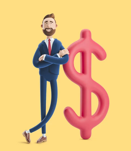 Homem de negócios Billy com grande sinal de dólar no fundo amarelo. ilustração 3d — Fotografia de Stock