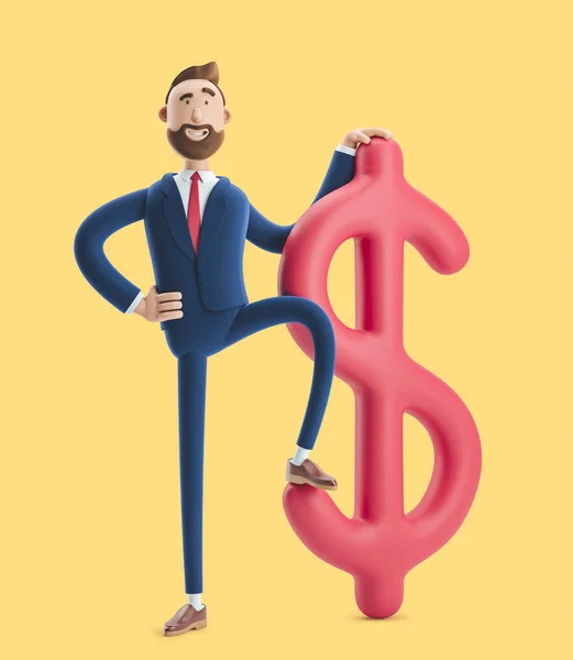 Businessman Billy with big dollar sign on yellow background. 3d illustration