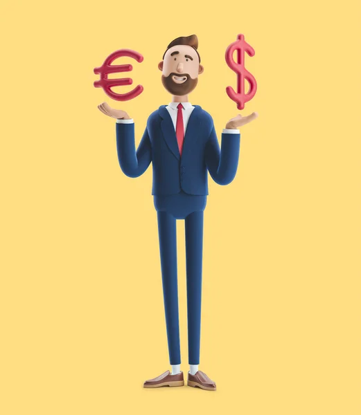 Homme d'affaires Billy avec grand euro et signe dollar sur fond jaune. Illustration 3d — Photo