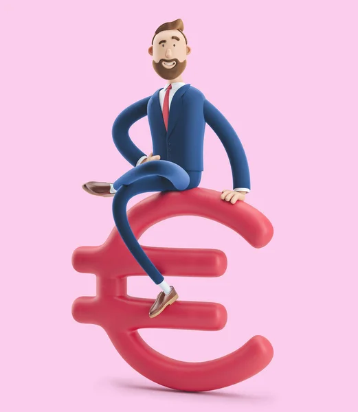 Businessman Billy with big euro sign on pink background. 3d illustration