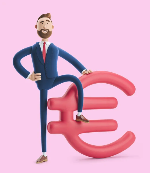 Homme d'affaires Billy avec grand signe d'euro sur fond rose. Illustration 3d — Photo