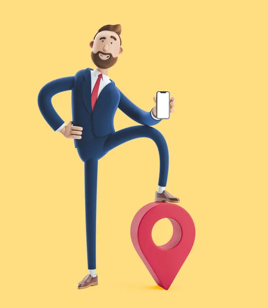 3d illustration. Portrait of a handsome businessman with phone and pin on yellow background. GPS concept.