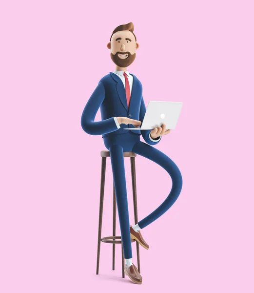 Ilustração 3d. Retrato de um belo homem de negócios com laptop em fundo rosa . — Fotografia de Stock