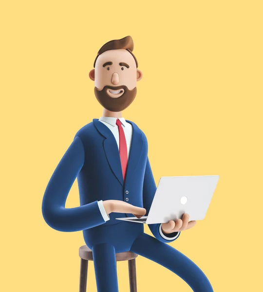 Ilustração 3d. Retrato de um belo homem de negócios com laptop em fundo amarelo . — Fotografia de Stock