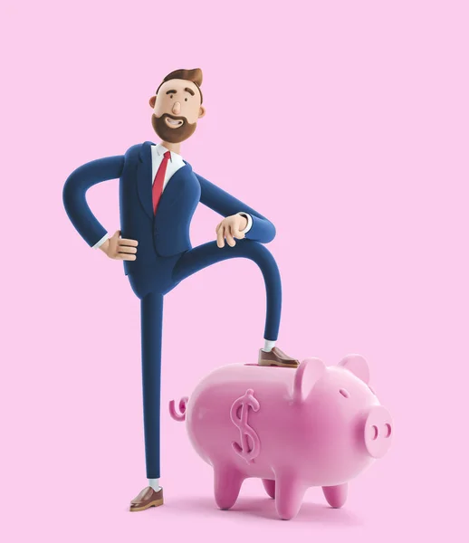3D-Illustration. Porträt eines gutaussehenden Geschäftsmannes mit Sparschwein auf rosa Hintergrund. Sicheres Geldlagerkonzept. — Stockfoto