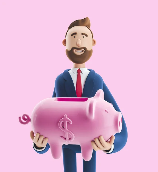 Ilustración 3d. Retrato de un hombre de negocios guapo con alcancía sobre fondo rosa. concepto de almacenamiento de dinero seguro . — Foto de Stock