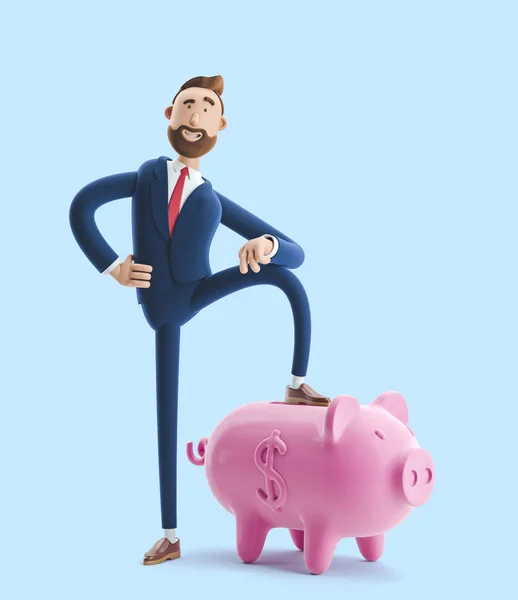 Ilustración 3d. Retrato de un hombre de negocios guapo con alcancía sobre fondo azul. concepto de almacenamiento de dinero seguro . — Foto de Stock