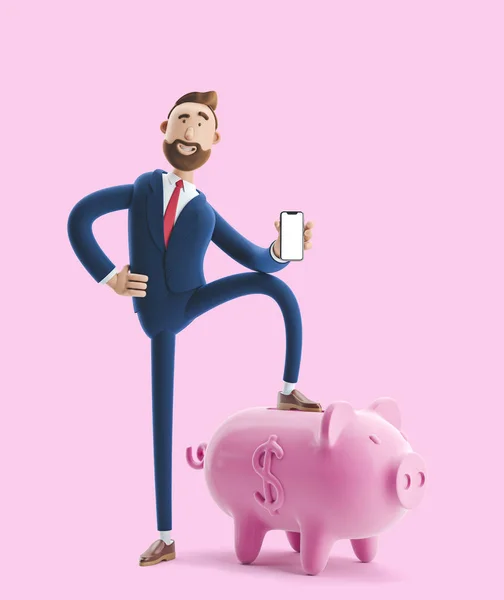 Ilustração 3d. Retrato de um belo homem de negócios com mealheiro em fundo rosa. Conceito de armazenamento de dinheiro seguro . — Fotografia de Stock