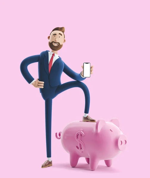 Ilustración 3d. Retrato de un hombre de negocios guapo con alcancía sobre fondo rosa. concepto de almacenamiento de dinero seguro . — Foto de Stock