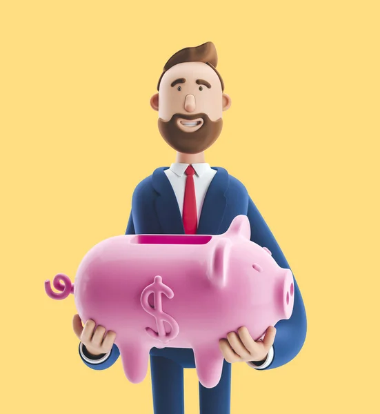 Ilustración 3d. Retrato de un hombre de negocios guapo con alcancía sobre fondo amarillo. concepto de almacenamiento de dinero seguro . — Foto de Stock