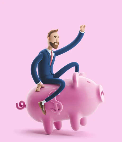 Ilustración 3d. Retrato de un hombre de negocios guapo con alcancía sobre fondo rosa. concepto de almacenamiento de dinero seguro . —  Fotos de Stock