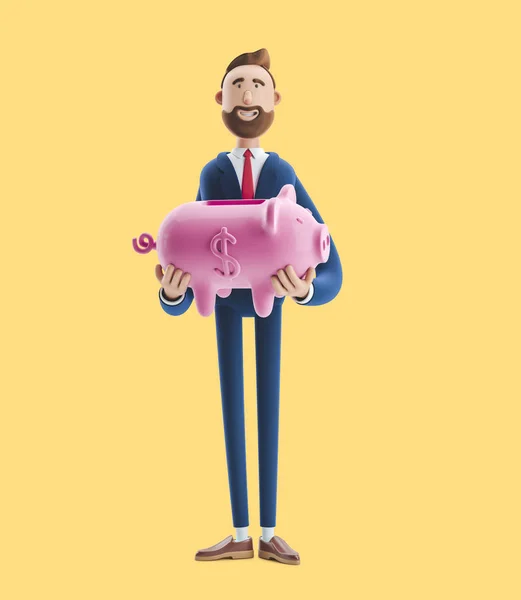 3d illustration. Portrait of a handsome businessman with piggy bank on yellow background. Safe money storage concept.