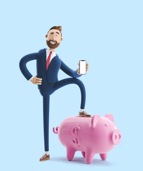 3D illusztráció. Portré egy csinos üzletember a malacka bank kék háttér. Biztonságos pénztároló koncepció. — Stock Fotó