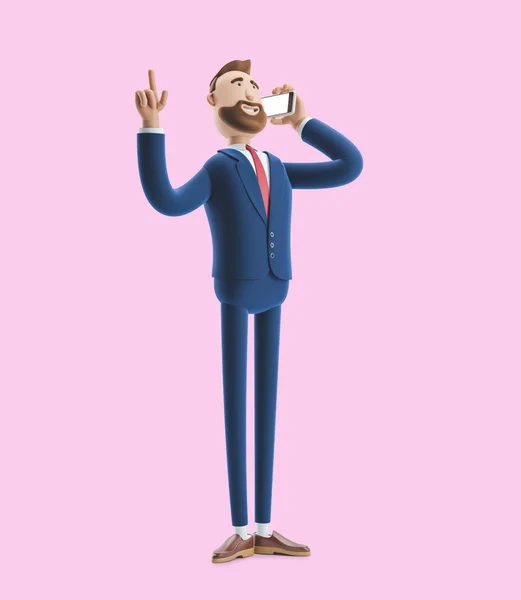 Portrait of cartoon character talking on mobile phone. 3d illustration on pink background